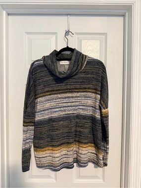 Ces Femme Striped Cowl Neck Sweater in Gray, Cream & Mustard